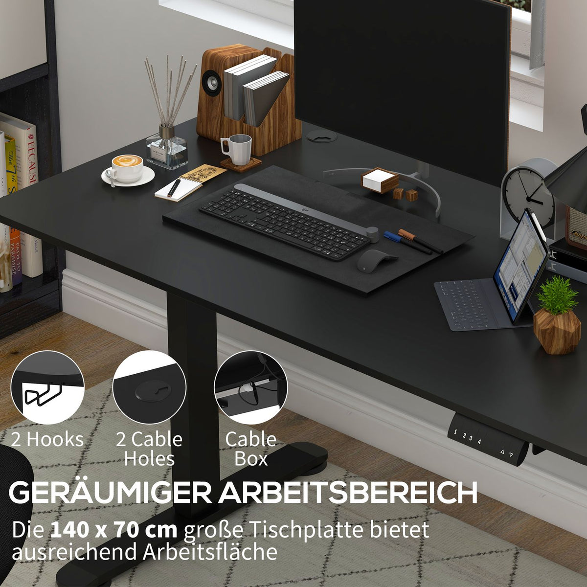 Stand-up desk, electric, with anti-collision, overheating protection, storage options, 140x70x72-116cm, chipboard, black
