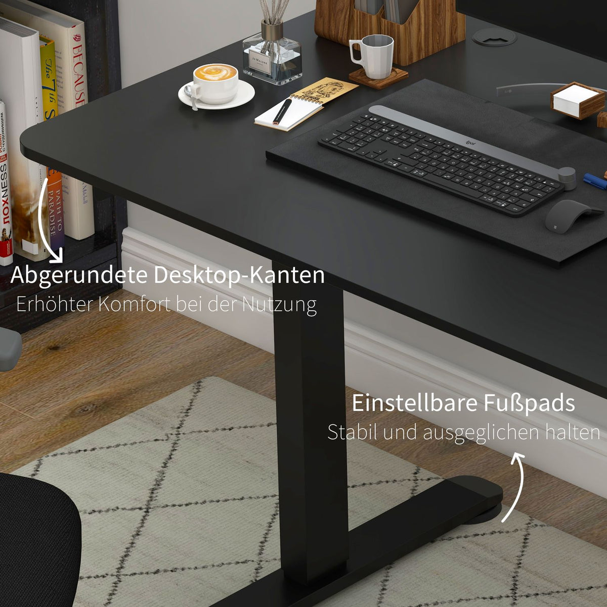 Stand-up desk, electric, with anti-collision, overheating protection, storage options, 140x70x72-116cm, chipboard, black