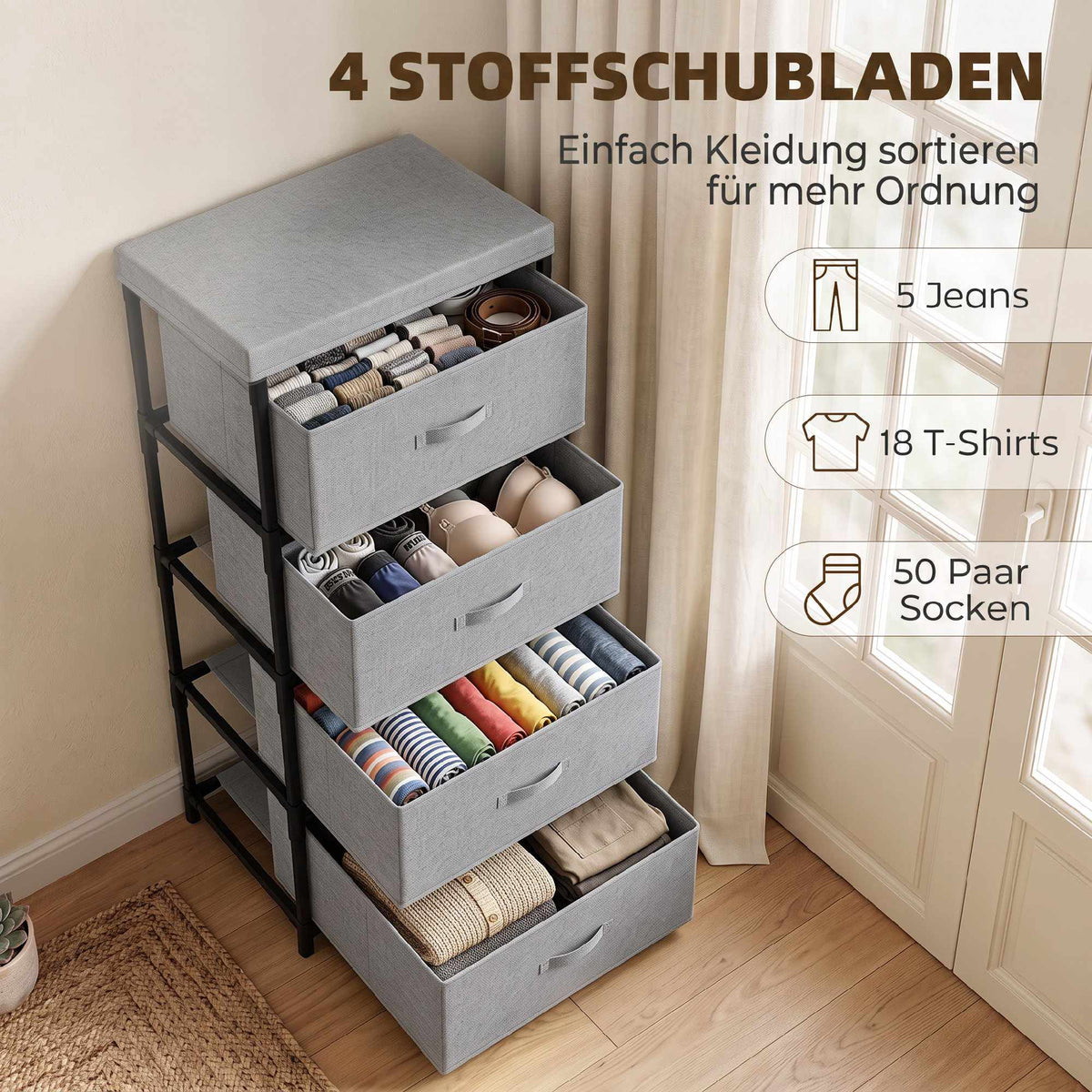 Steel Frame Dresser with 4 Fabric Drawers, Grey/Black, 42x32x80 cm