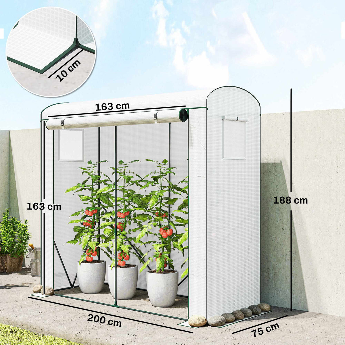 Steel Frame Greenhouse with Roll-Up Door, 200 x 75 x 188 cm