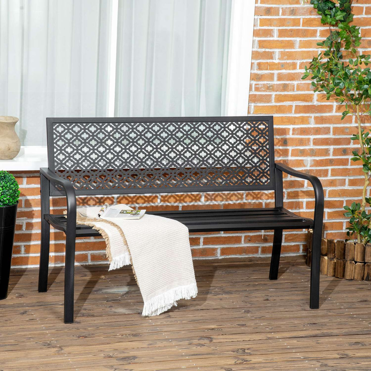 Steel Garden Bench, 2-Seater Park Bench With Backrest And Armrest, Bench With Floral Pattern, Max. 240 Kg, Black, 127 X 63 X 83 Cm