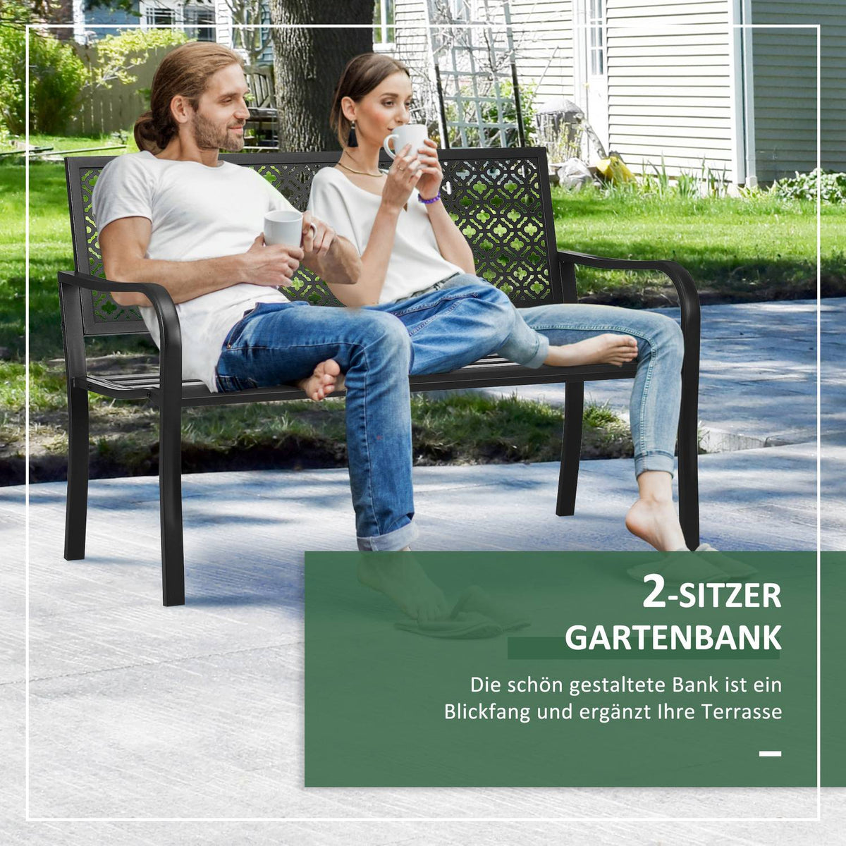 Steel Garden Bench, 2-Seater Park Bench With Backrest And Armrest, Bench With Floral Pattern, Max. 240 Kg, Black, 127 X 63 X 83 Cm