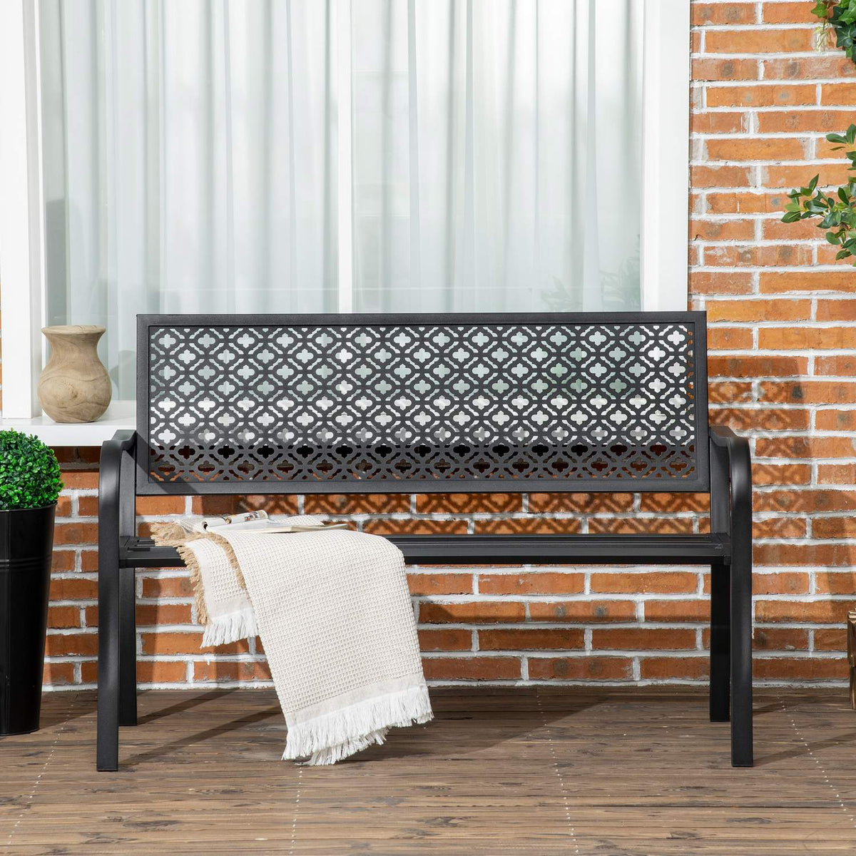 Steel Garden Bench, 2-Seater Park Bench With Backrest And Armrest, Bench With Floral Pattern, Max. 240 Kg, Black, 127 X 63 X 83 Cm