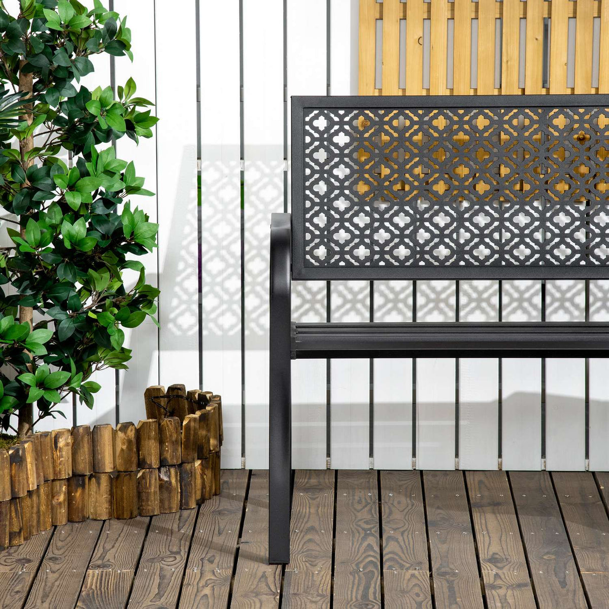Steel Garden Bench, 2-Seater Park Bench With Backrest And Armrest, Bench With Floral Pattern, Max. 240 Kg, Black, 127 X 63 X 83 Cm