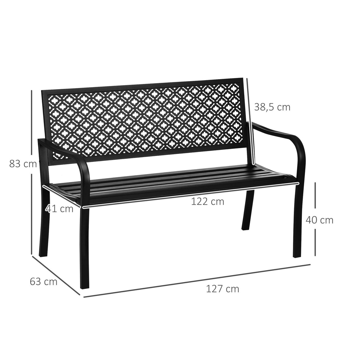 Steel Garden Bench, 2-Seater Park Bench With Backrest And Armrest, Bench With Floral Pattern, Max. 240 Kg, Black, 127 X 63 X 83 Cm