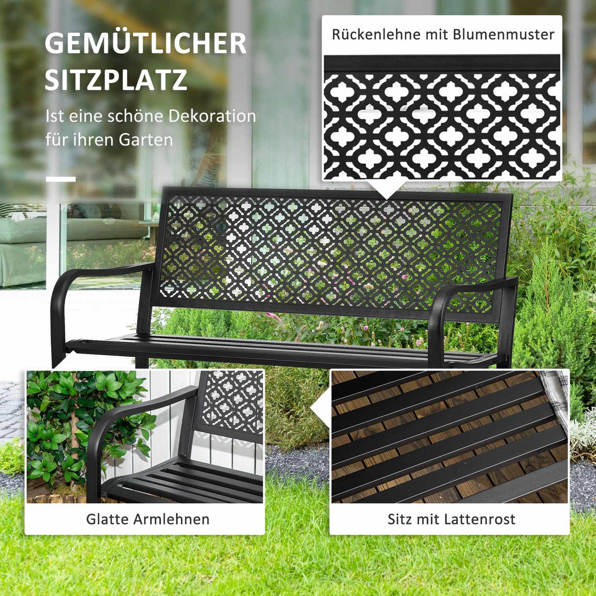 Steel Garden Bench, 2-Seater Park Bench With Backrest And Armrest, Bench With Floral Pattern, Max. 240 Kg, Black, 127 X 63 X 83 Cm