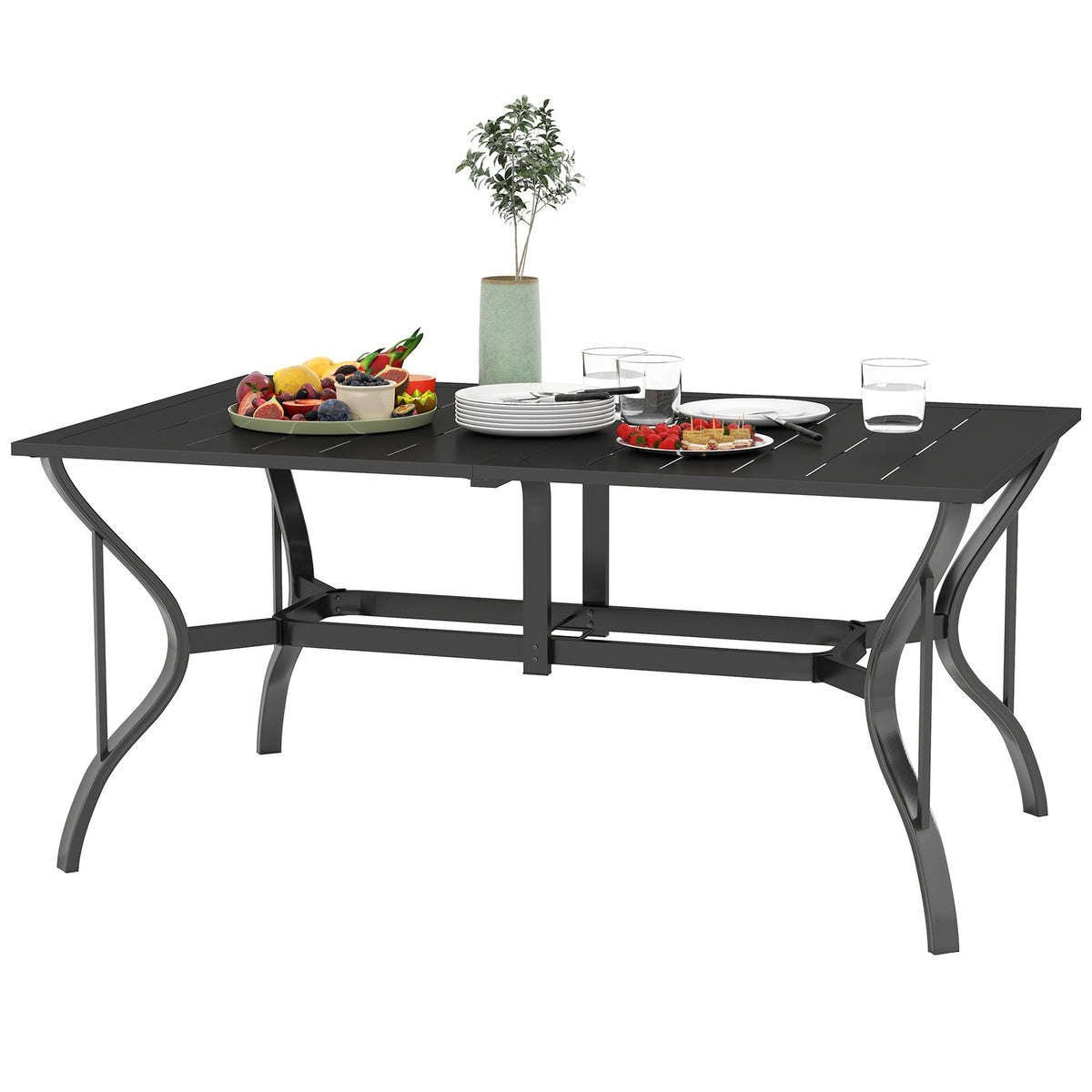 Steel Garden Table 150x90 cm Weatherproof Balcony Table with Umbrella Hole, Slat Design Buffet Table Camping Table for 6 People Patio Table Outdoor Dining Table for Garden, Terrace Balcony Black |