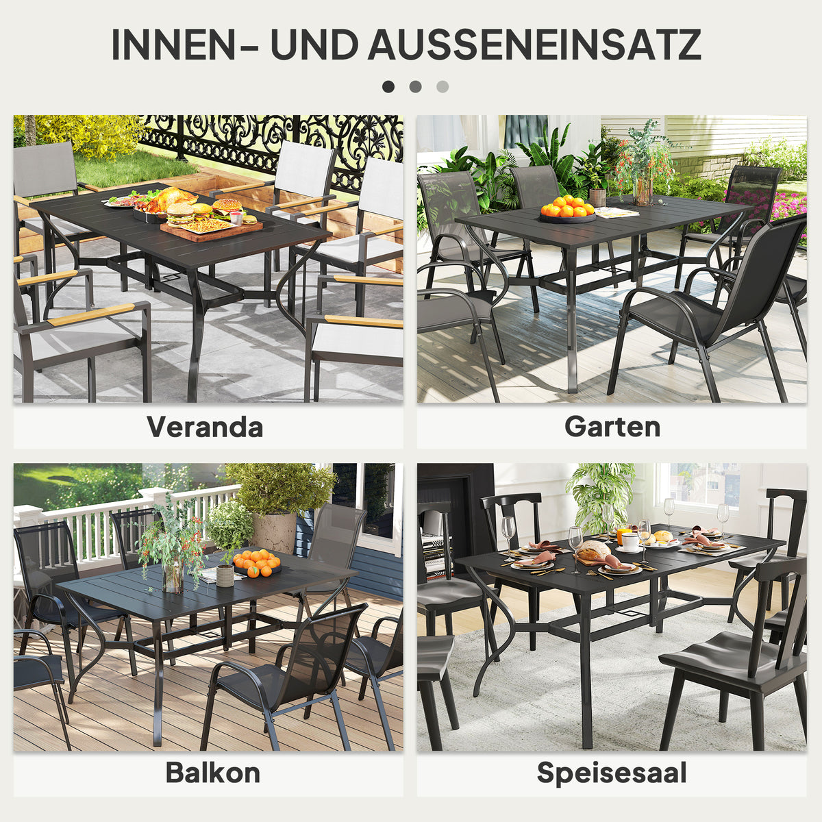 Steel Garden Table 150x90 cm Weatherproof Balcony Table with Umbrella Hole, Slat Design Buffet Table Camping Table for 6 People Patio Table Outdoor Dining Table for Garden, Terrace Balcony Black |