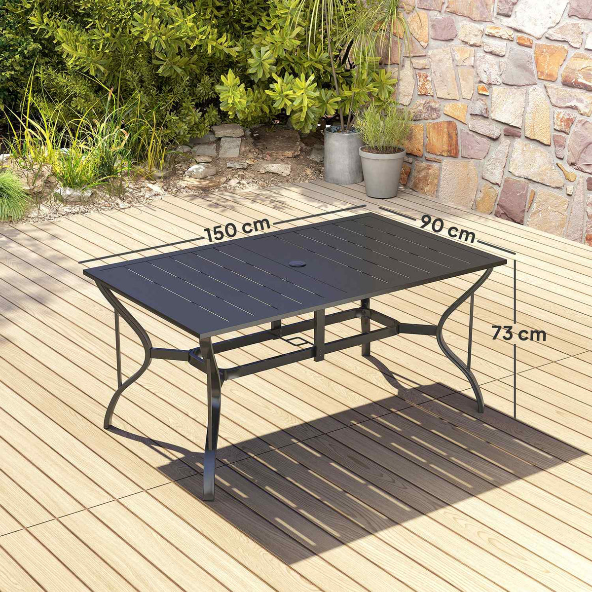 Steel Garden Table 150x90 cm Weatherproof Balcony Table with Umbrella Hole, Slat Design Buffet Table Camping Table for 6 People Patio Table Outdoor Dining Table for Garden, Terrace Balcony Black |