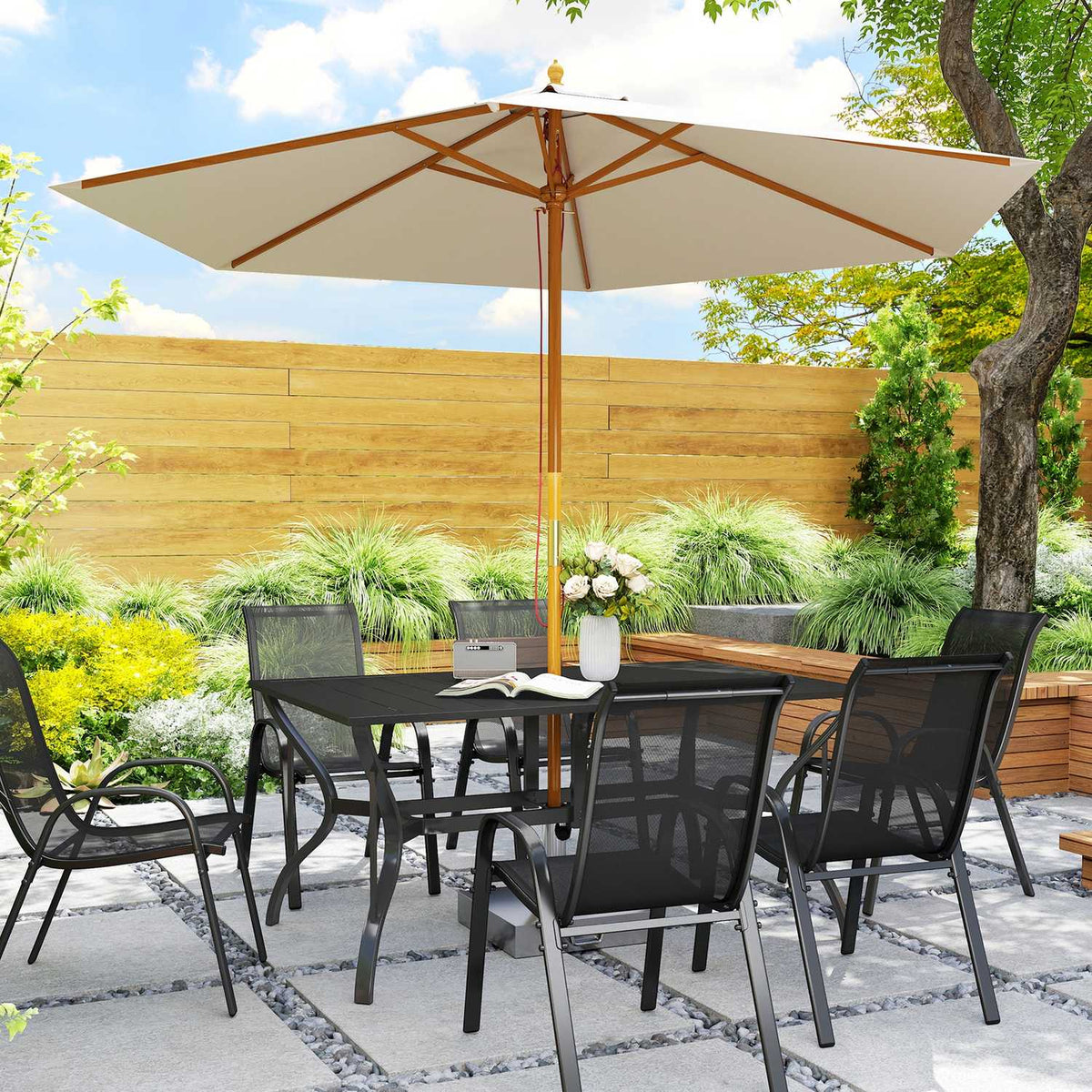 Steel Garden Table 150x90 cm Weatherproof Balcony Table with Umbrella Hole, Slat Design Buffet Table Camping Table for 6 People Patio Table Outdoor Dining Table for Garden, Terrace Balcony Black |