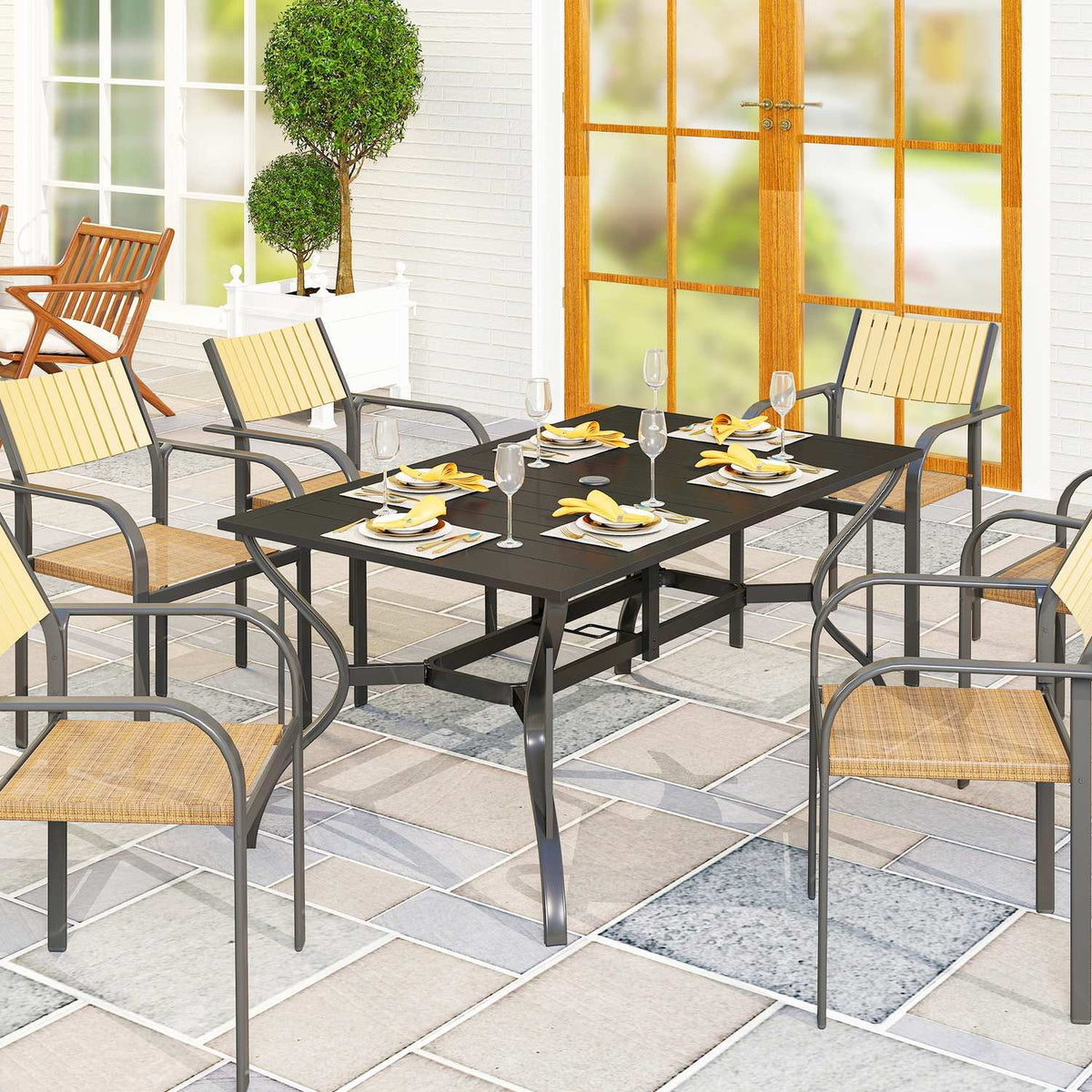 Steel Garden Table 150x90 cm Weatherproof Balcony Table with Umbrella Hole, Slat Design Buffet Table Camping Table for 6 People Patio Table Outdoor Dining Table for Garden, Terrace Balcony Black |