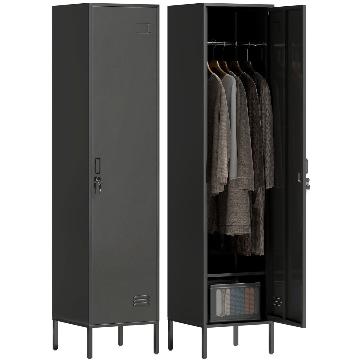 Steel Locker Cabinet with Lock, Ventilation, Black, 179H cm