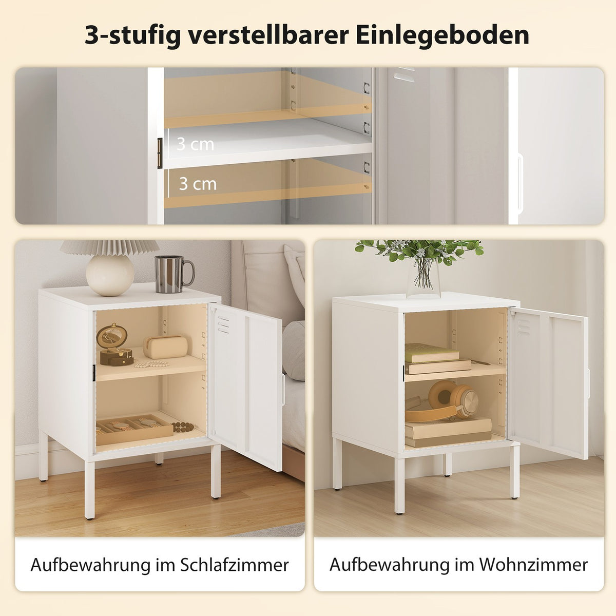 Steel Nightstand with Adjustable Shelf – White, 40x40x56 cm