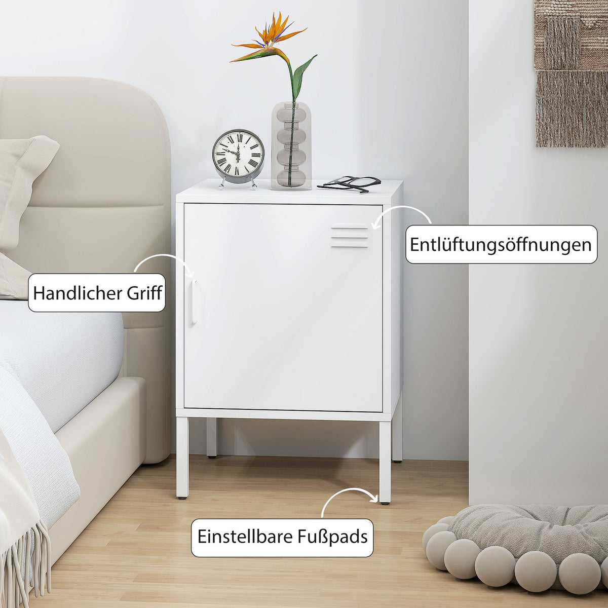 Steel Nightstand with Adjustable Shelf – White, 40x40x56 cm