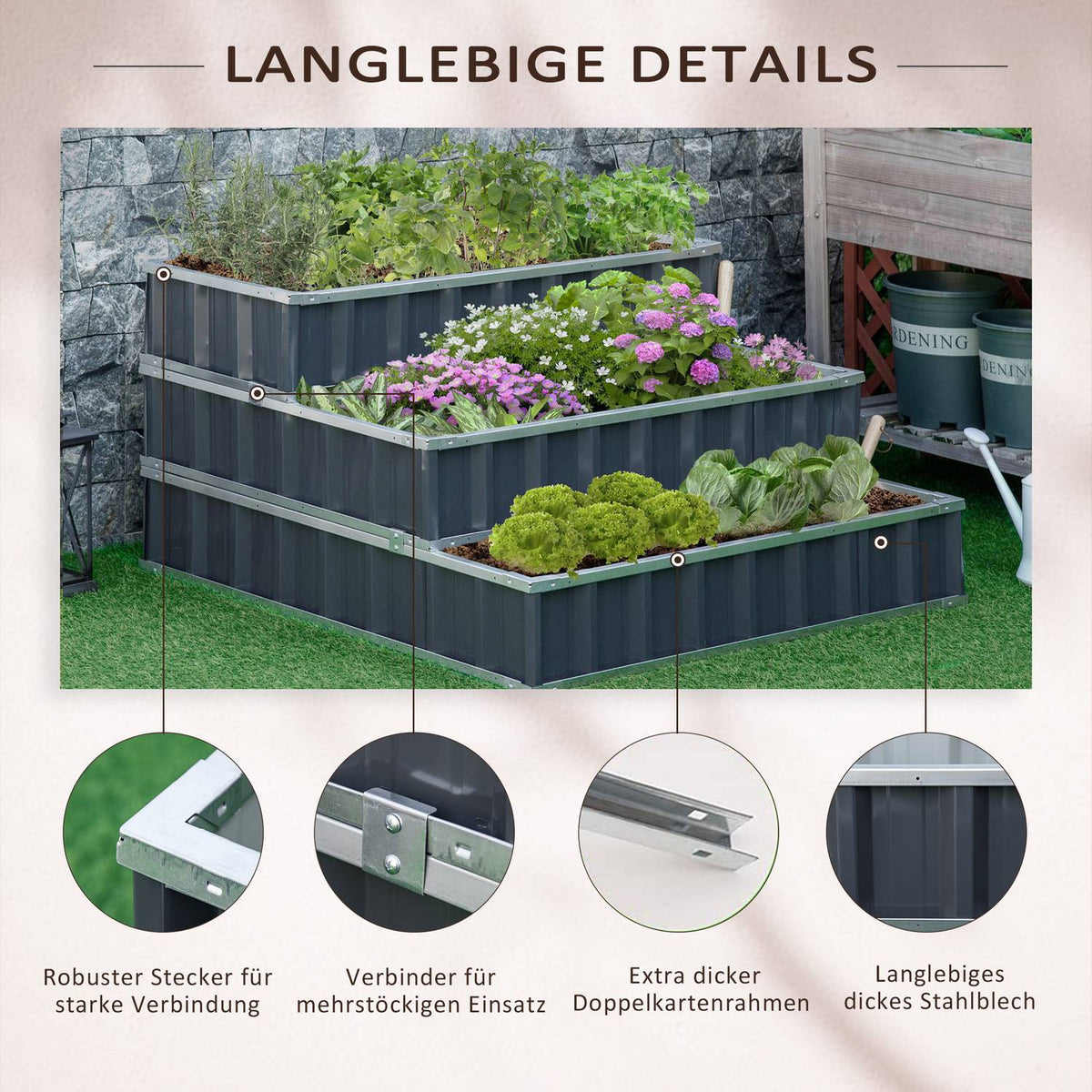 Steel Raised Bed 3 Tier Garden Bed With T-Shape Plant Signs Gloves Plant Bed Herb Bed Flower Stairs For Balcony Garden Dark Gray 118 X 118 X 62 Cm