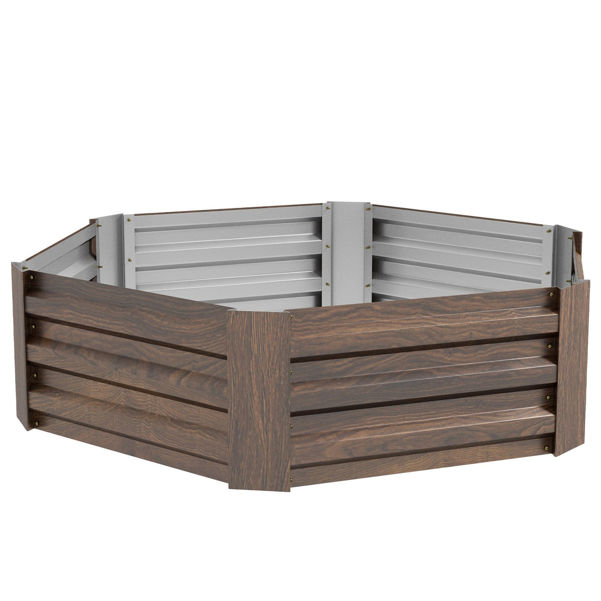 Steel Raised Bed Hexagonal Open Bottom Flower Box Wood Effect Planter Vegetable Bed For Balcony Garden Dark Brown