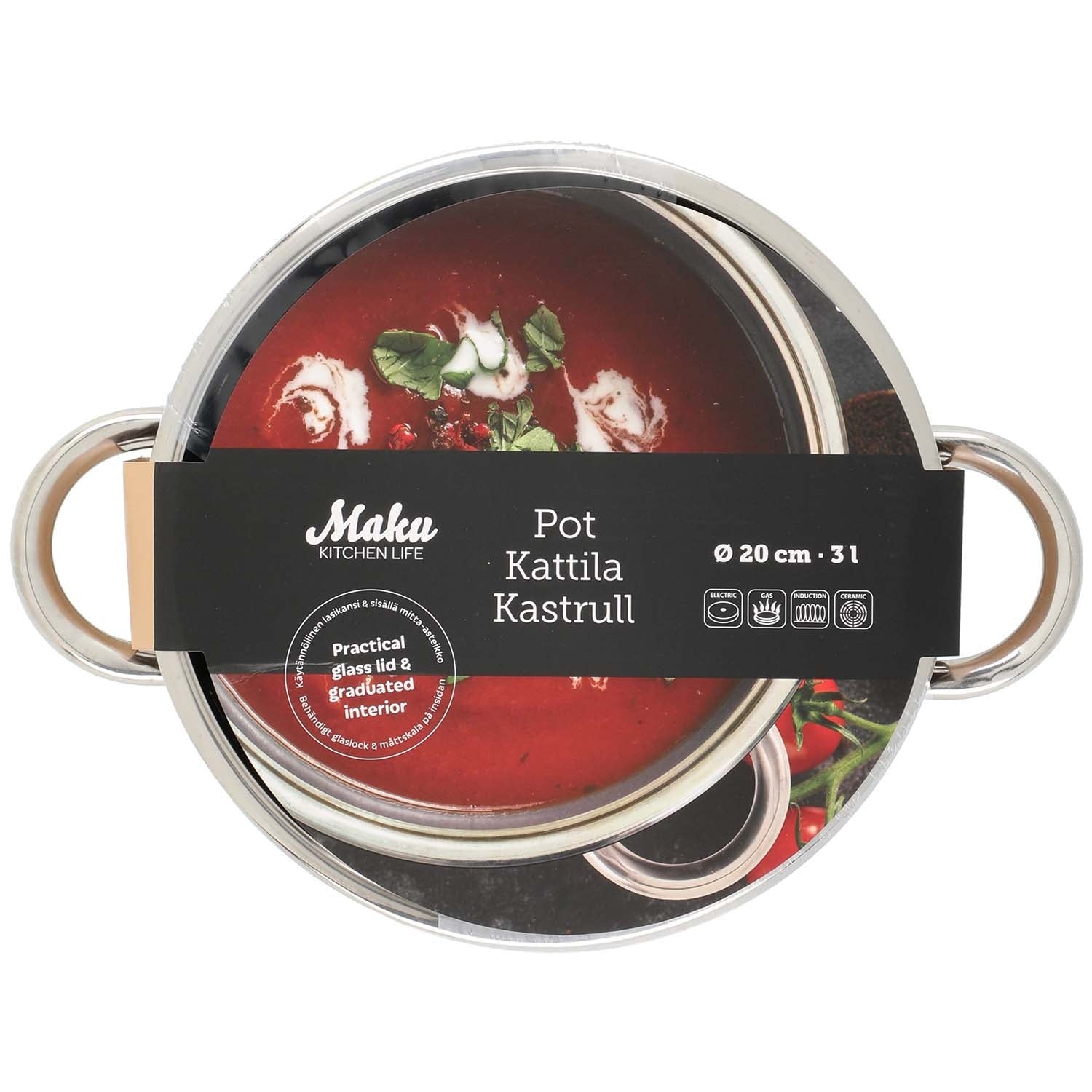 Steel Saucepan with Glass Lid, 3L Capacity