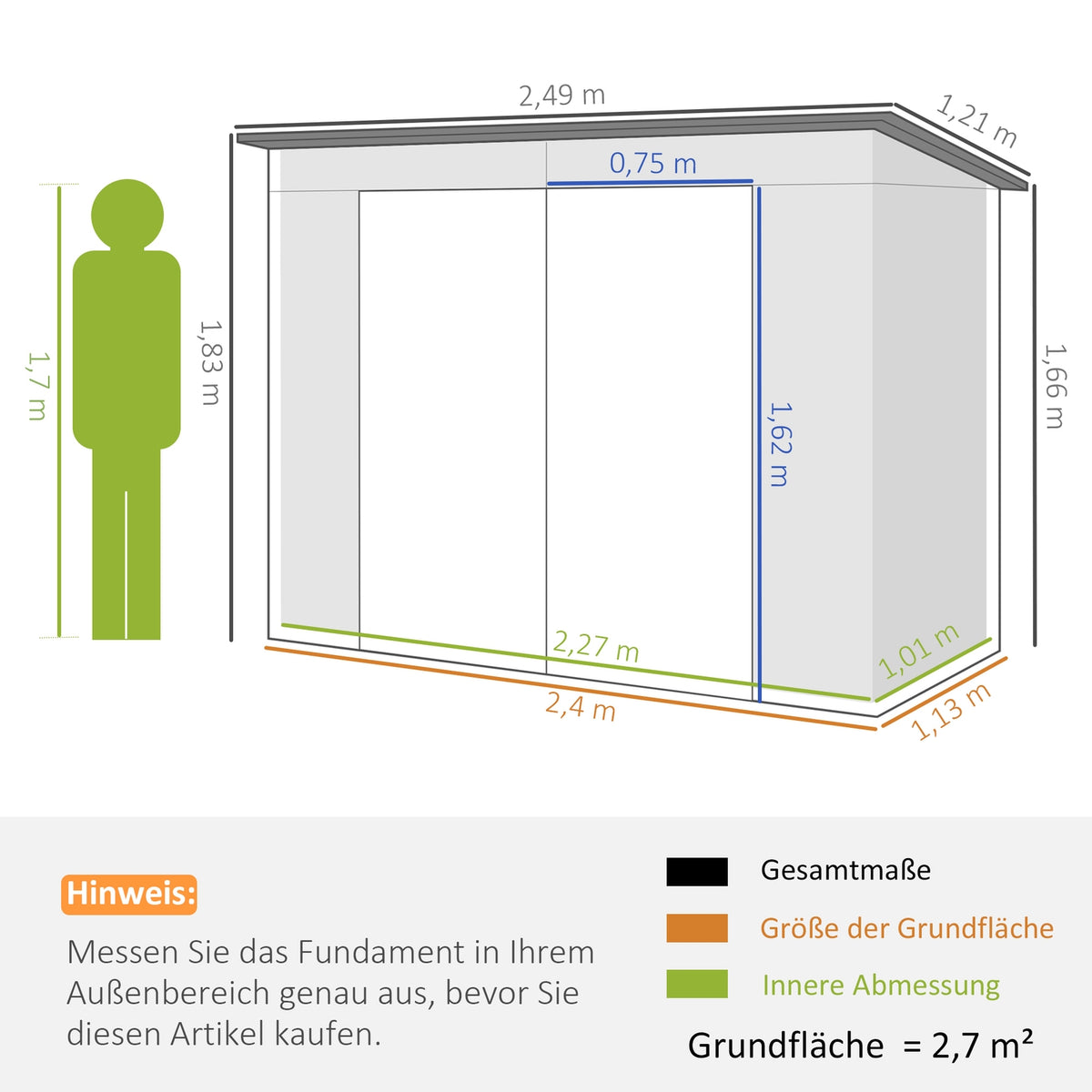 Steel Tool Shed, 2.7 m² Tool Shed with Double Door, Garden Shed with Lock, Garden Cabinet with UV Protection, 249 x 121 x 183 cm, Gray