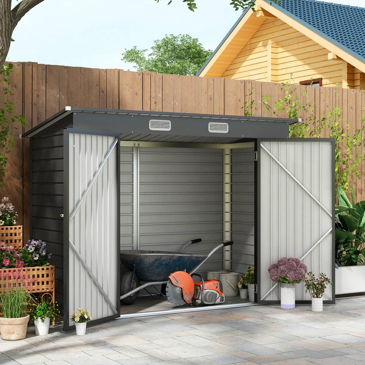 Steel Tool Shed, 2.7 m² Tool Shed with Double Door, Garden Shed with Lock, Garden Cabinet with UV Protection, 249 x 121 x 183 cm, Gray