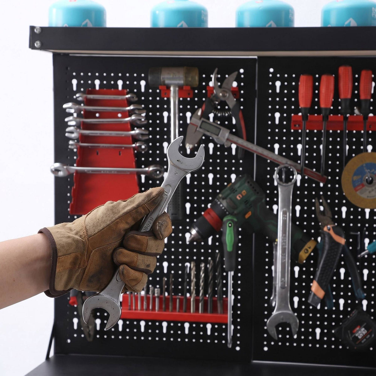 Steel Workbench With Pegboard And Storage Shelves