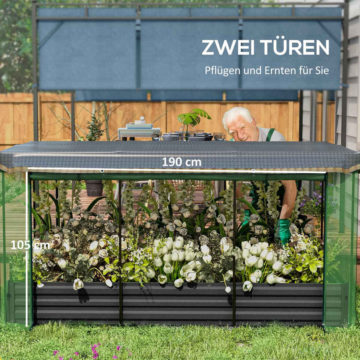 Steel raised bed with bird protection net, dark gray garden bed for balcony & terrace, 230x110x110cm, ideal sun protection