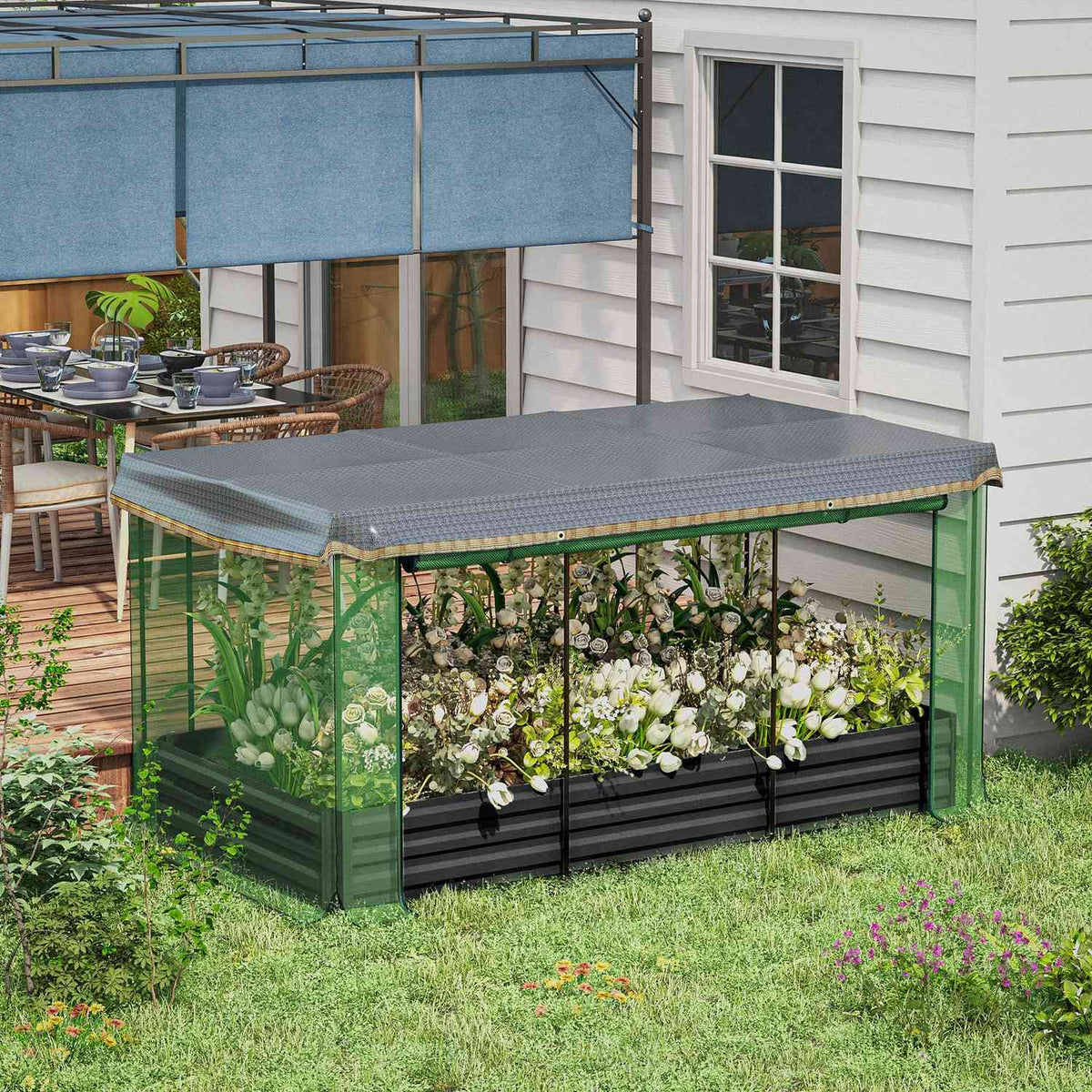 Steel raised bed with bird protection net, dark gray garden bed for balcony & terrace, 230x110x110cm, ideal sun protection