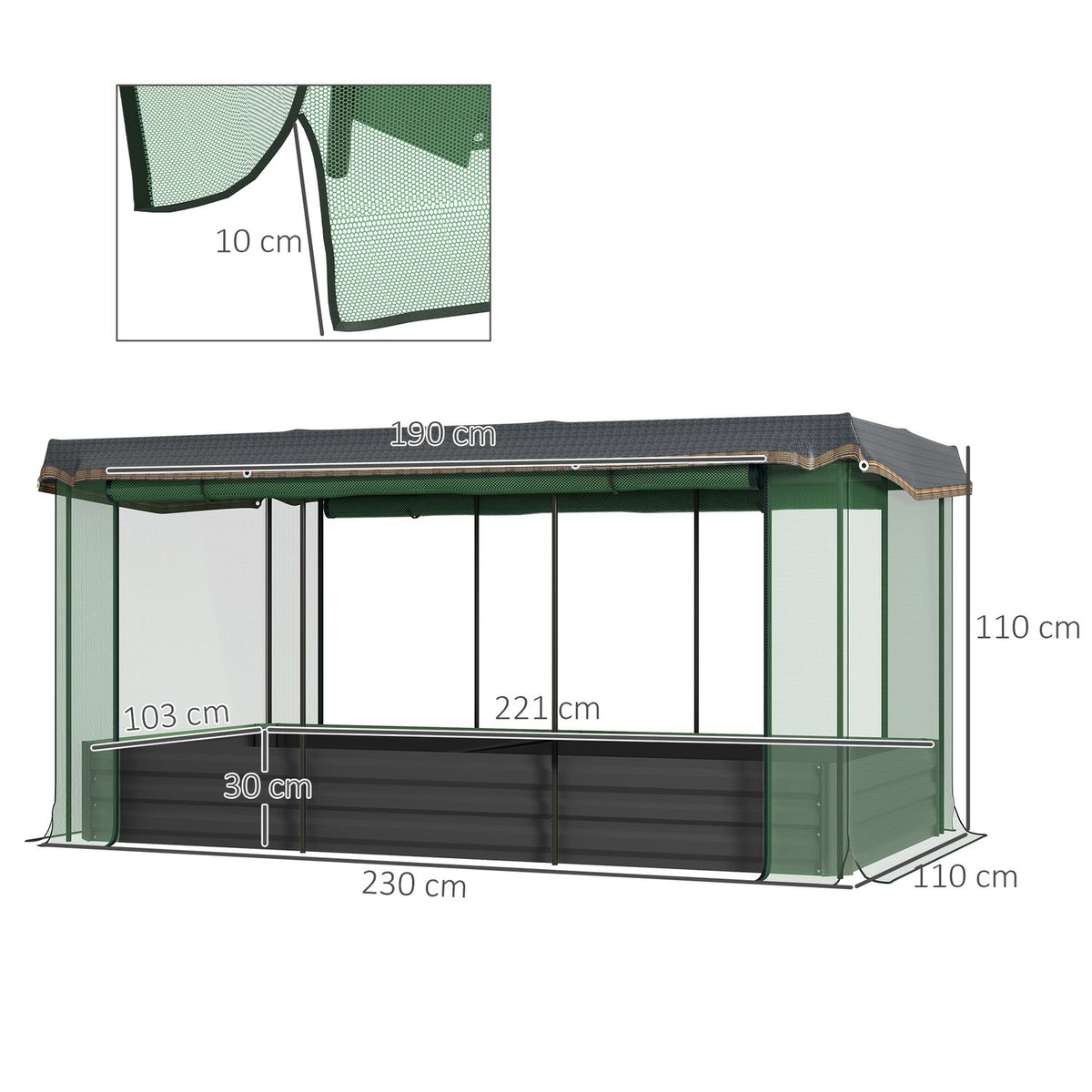 Steel raised bed with bird protection net, dark gray garden bed for balcony & terrace, 230x110x110cm, ideal sun protection