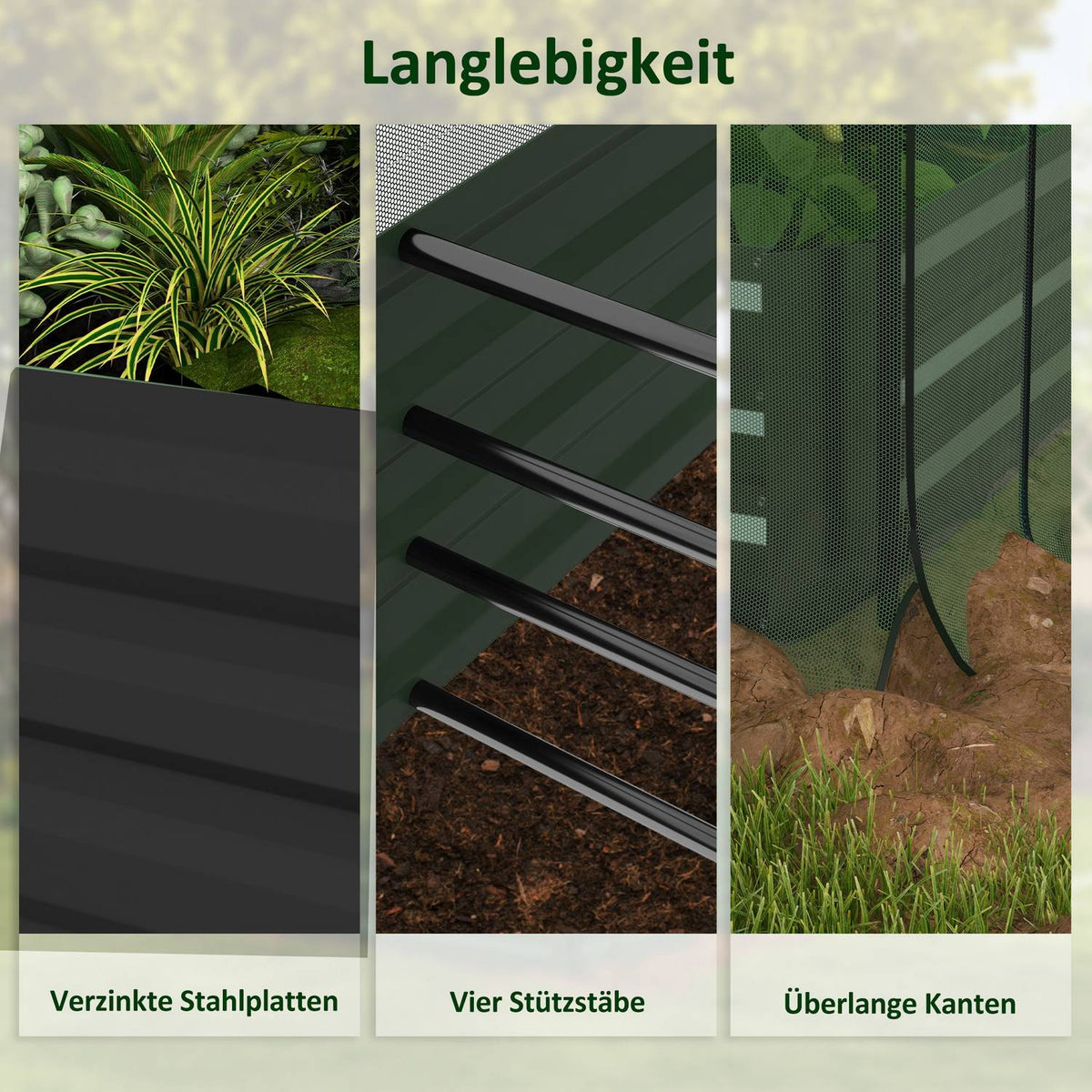 Steel raised bed with bird protection net, dark gray garden bed for balcony & terrace, 230x110x110cm, ideal sun protection