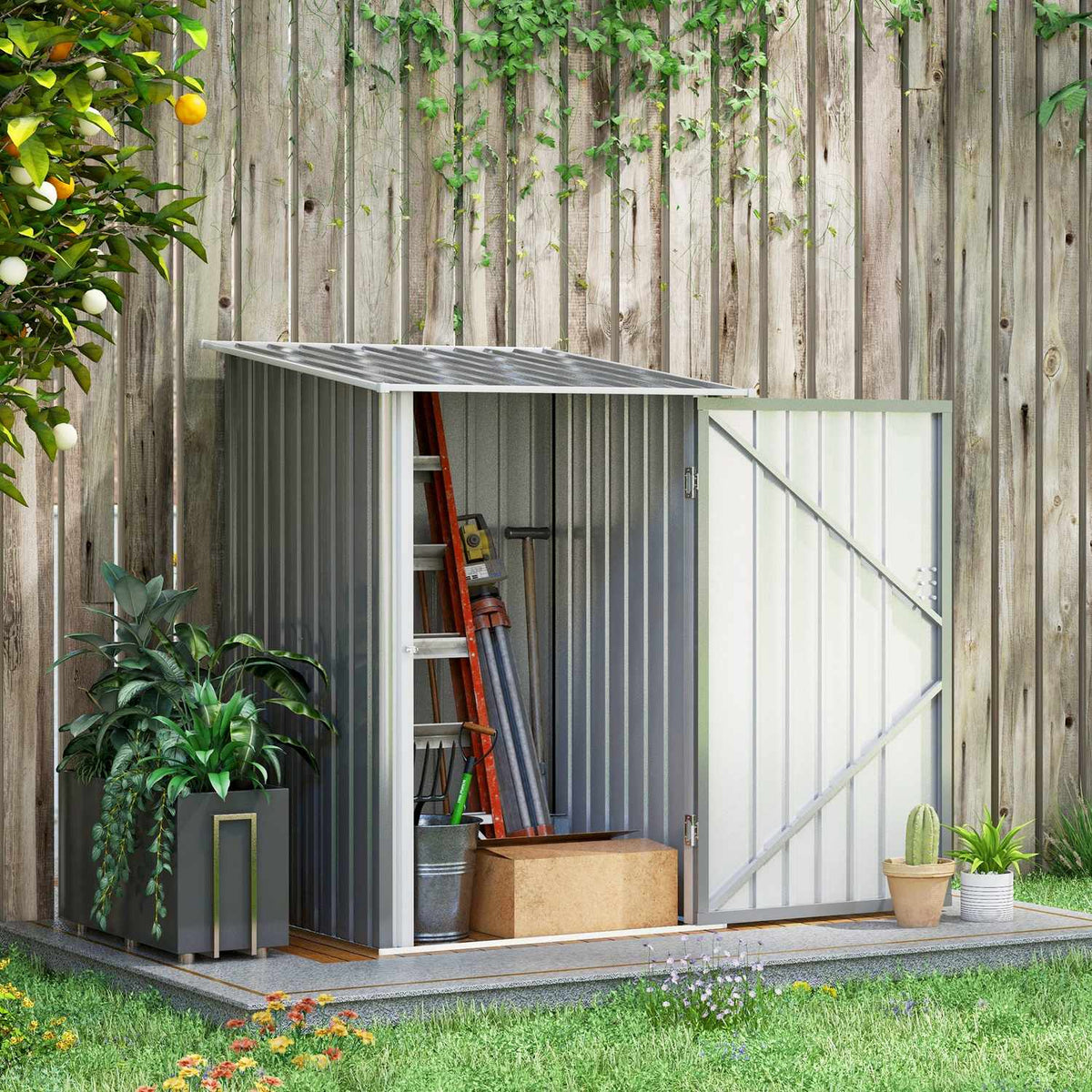 Steel tool shed 0.92 m² lockable garden cabinet with pent roof, 100x103x160cm, gray