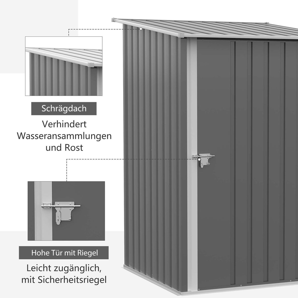 Steel tool shed 0.92 m² lockable garden cabinet with pent roof, 100x103x160cm, gray
