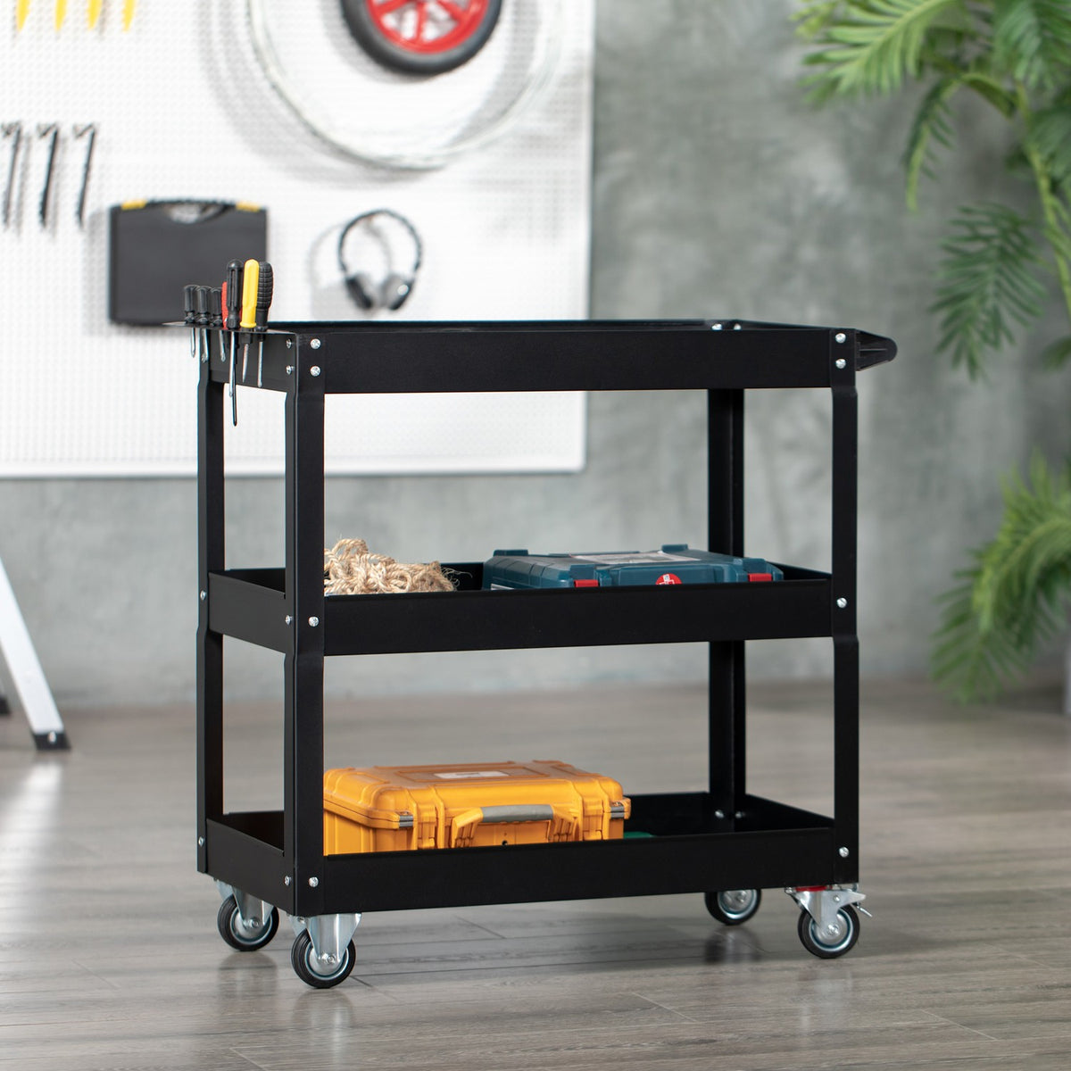 Steel workshop trolley with 3 shelves on wheels with handle - max. load 150 kg - 83 x 35.3 x 76 cm Black