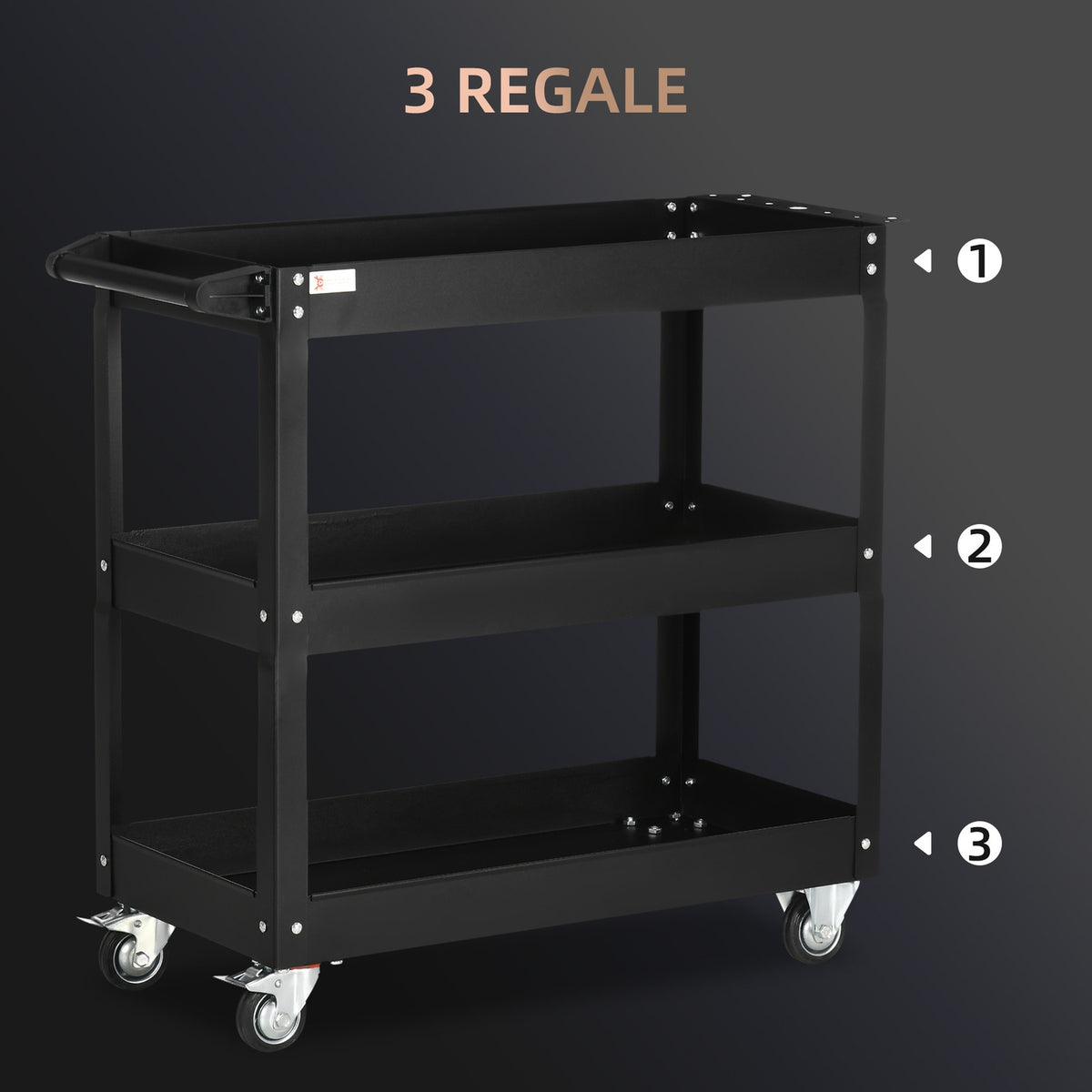Steel workshop trolley with 3 shelves on wheels with handle - max. load 150 kg - 83 x 35.3 x 76 cm Black