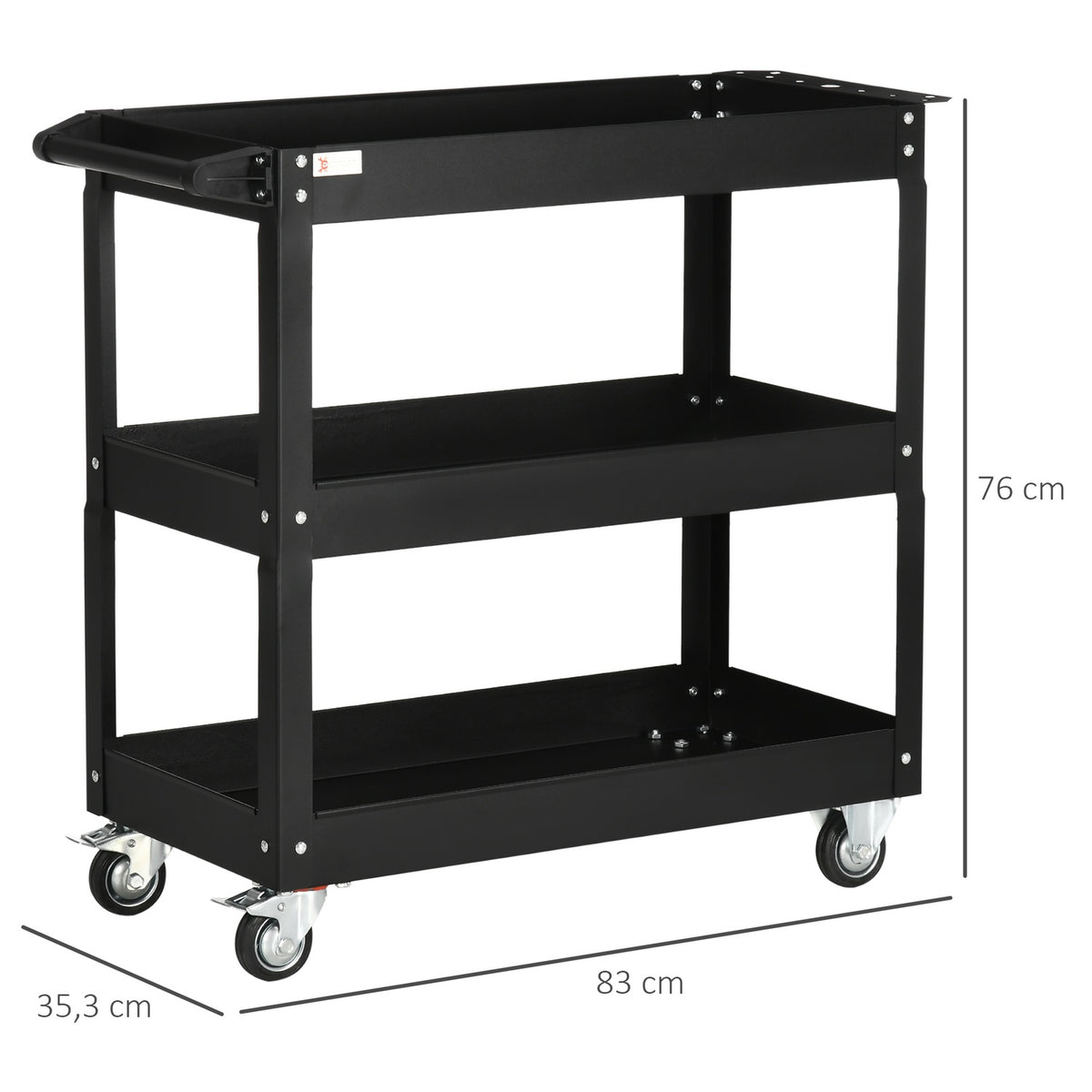 Steel workshop trolley with 3 shelves on wheels with handle - max. load 150 kg - 83 x 35.3 x 76 cm Black