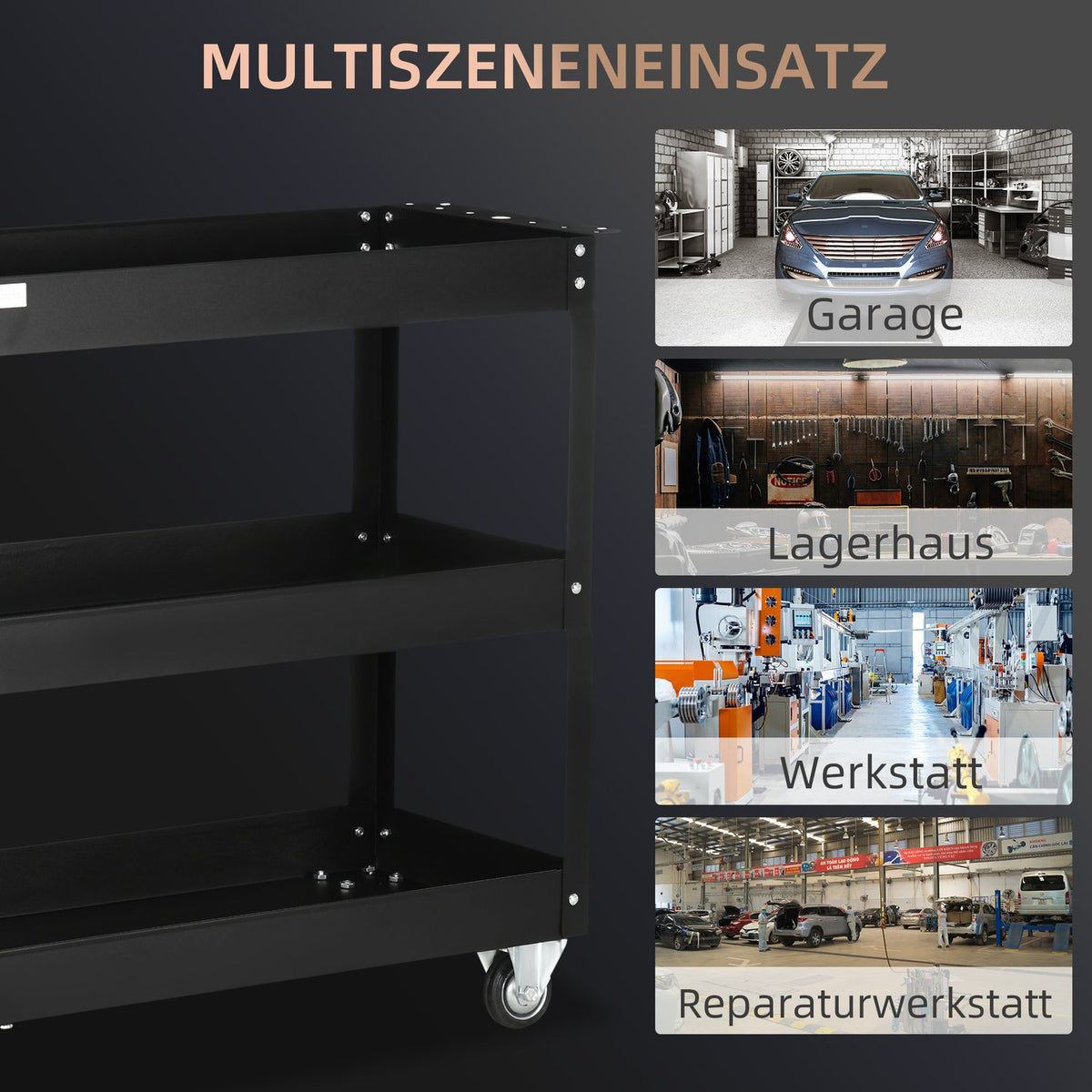Steel workshop trolley with 3 shelves on wheels with handle - max. load 150 kg - 83 x 35.3 x 76 cm Black
