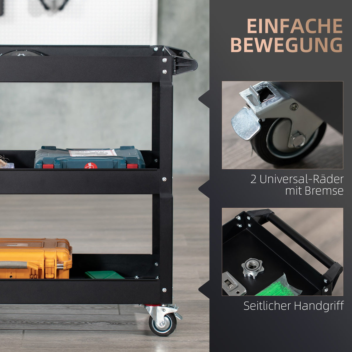 Steel workshop trolley with 3 shelves on wheels with handle - max. load 150 kg - 83 x 35.3 x 76 cm Black