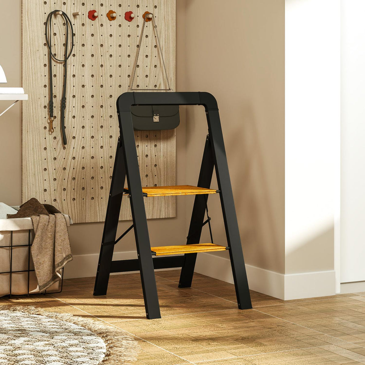 Step ladder folding step with 2 steps stepladder with handle, non-slip platform up to 150 kg load capacity aluminum black 44.5 x 48 x 86.3 cm |