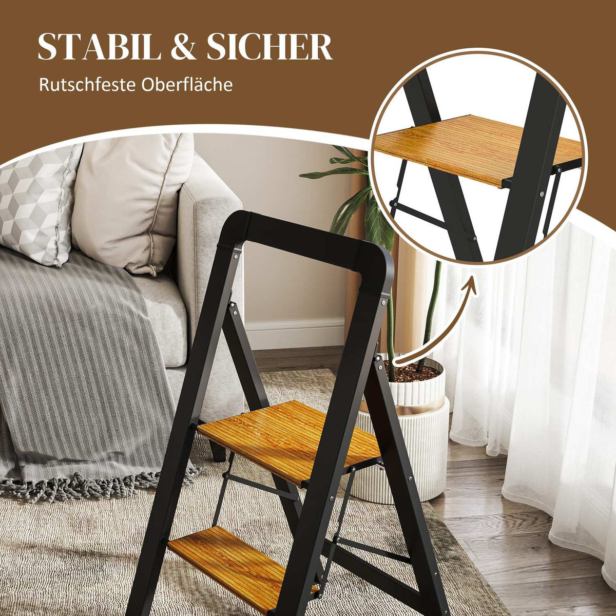 Step ladder folding step with 2 steps stepladder with handle, non-slip platform up to 150 kg load capacity aluminum black 44.5 x 48 x 86.3 cm |