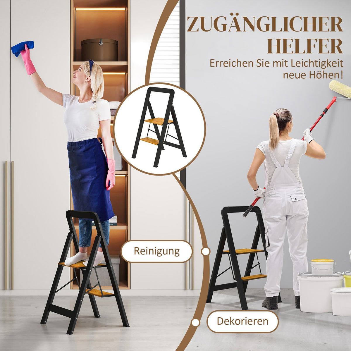 Step ladder folding step with 2 steps stepladder with handle, non-slip platform up to 150 kg load capacity aluminum black 44.5 x 48 x 86.3 cm |