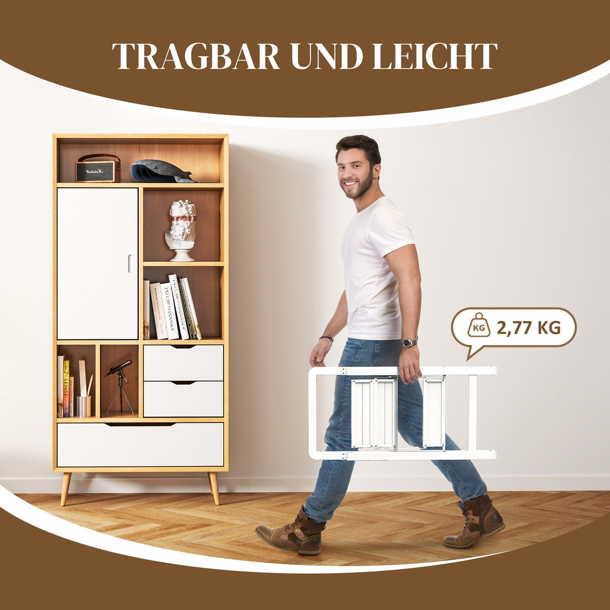 Step ladder with 3 steps, anti-slip folding step with handle, loads up to 150 kg, lightweight aluminum ladder, 41.5 x 49.7 x 82.6 cm, white