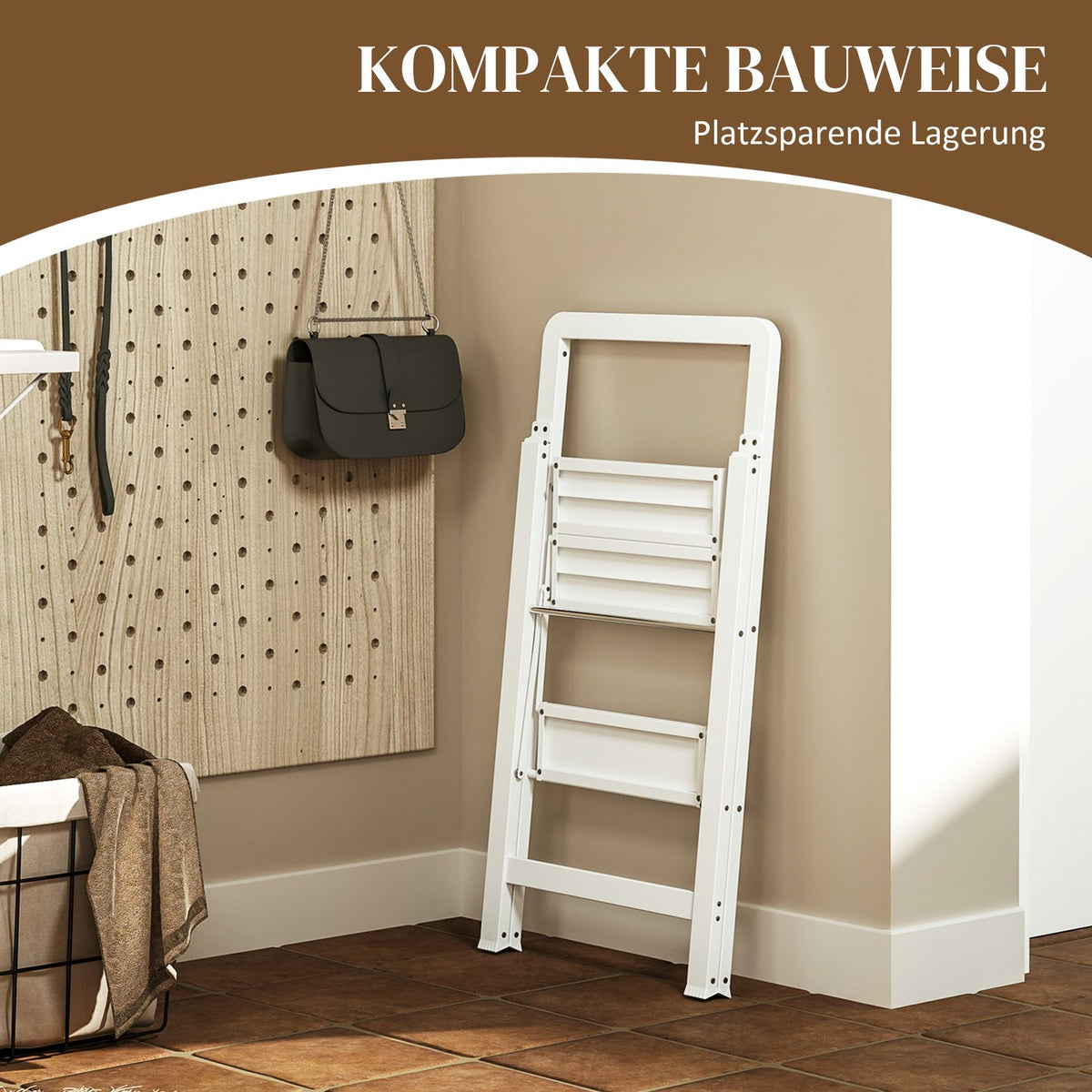 Step ladder with 3 steps, anti-slip folding step with handle, loads up to 150 kg, lightweight aluminum ladder, 41.5 x 49.7 x 82.6 cm, white