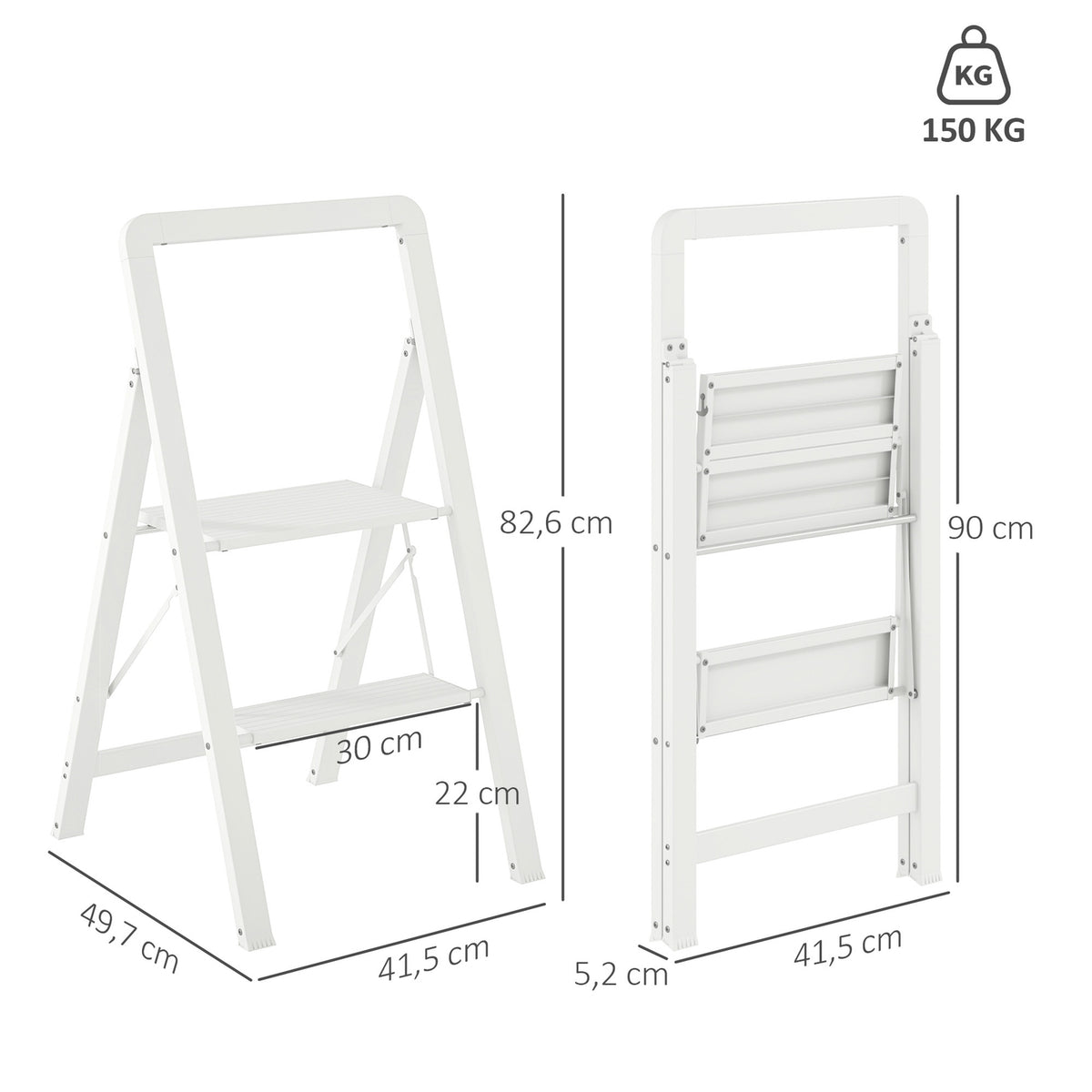 Step ladder with 3 steps, anti-slip folding step with handle, loads up to 150 kg, lightweight aluminum ladder, 41.5 x 49.7 x 82.6 cm, white