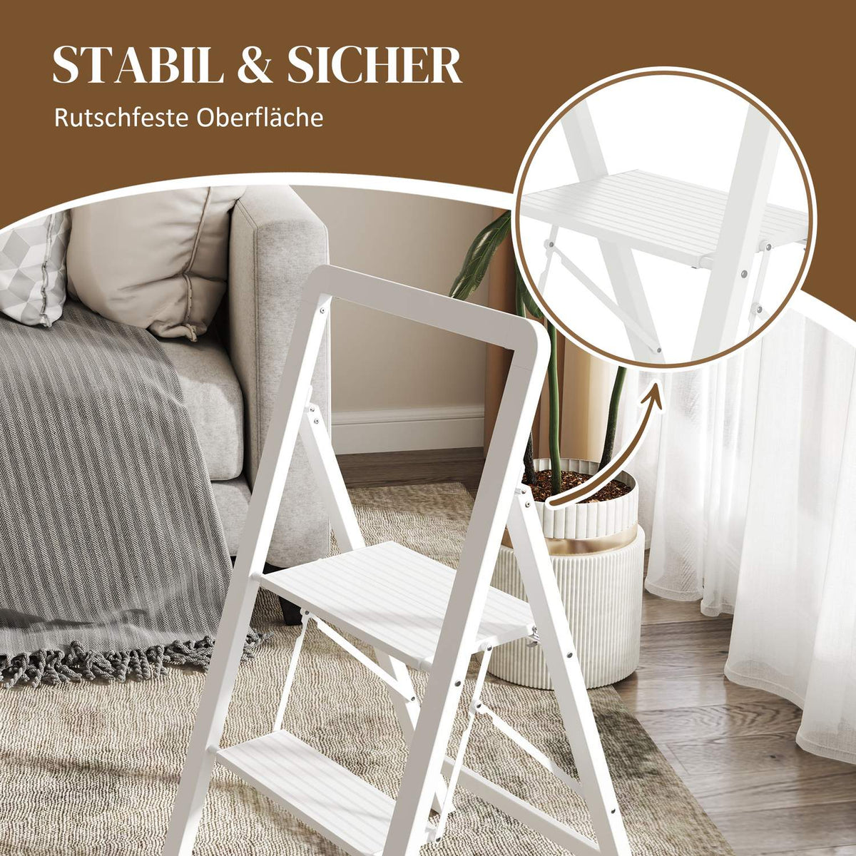 Step ladder with 3 steps, anti-slip folding step with handle, loads up to 150 kg, lightweight aluminum ladder, 41.5 x 49.7 x 82.6 cm, white