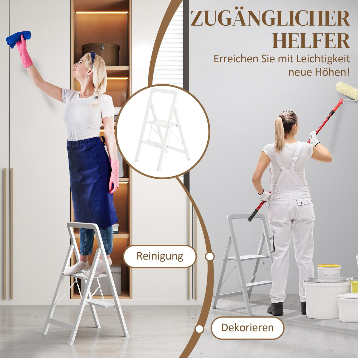 Step ladder with 3 steps, anti-slip folding step with handle, loads up to 150 kg, lightweight aluminum ladder, 41.5 x 49.7 x 82.6 cm, white
