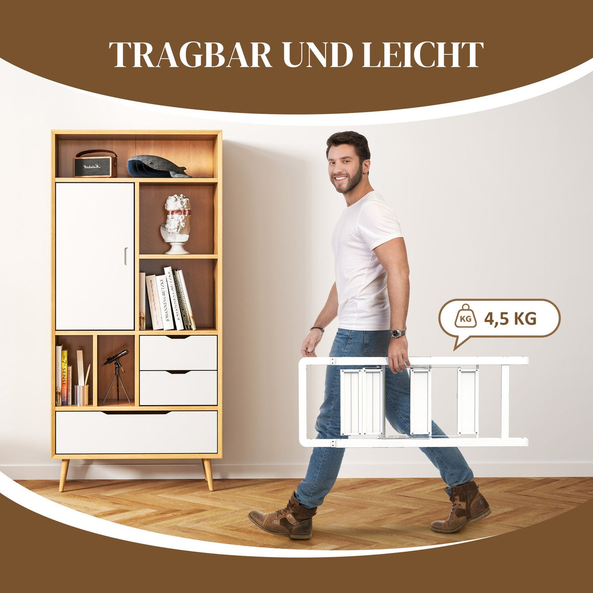 Step ladder with 3 steps, anti-slip folding step with handle, loads up to 150 kg, lightweight aluminum ladder, 66.3 x 41.5 x 104.6 cm, white
