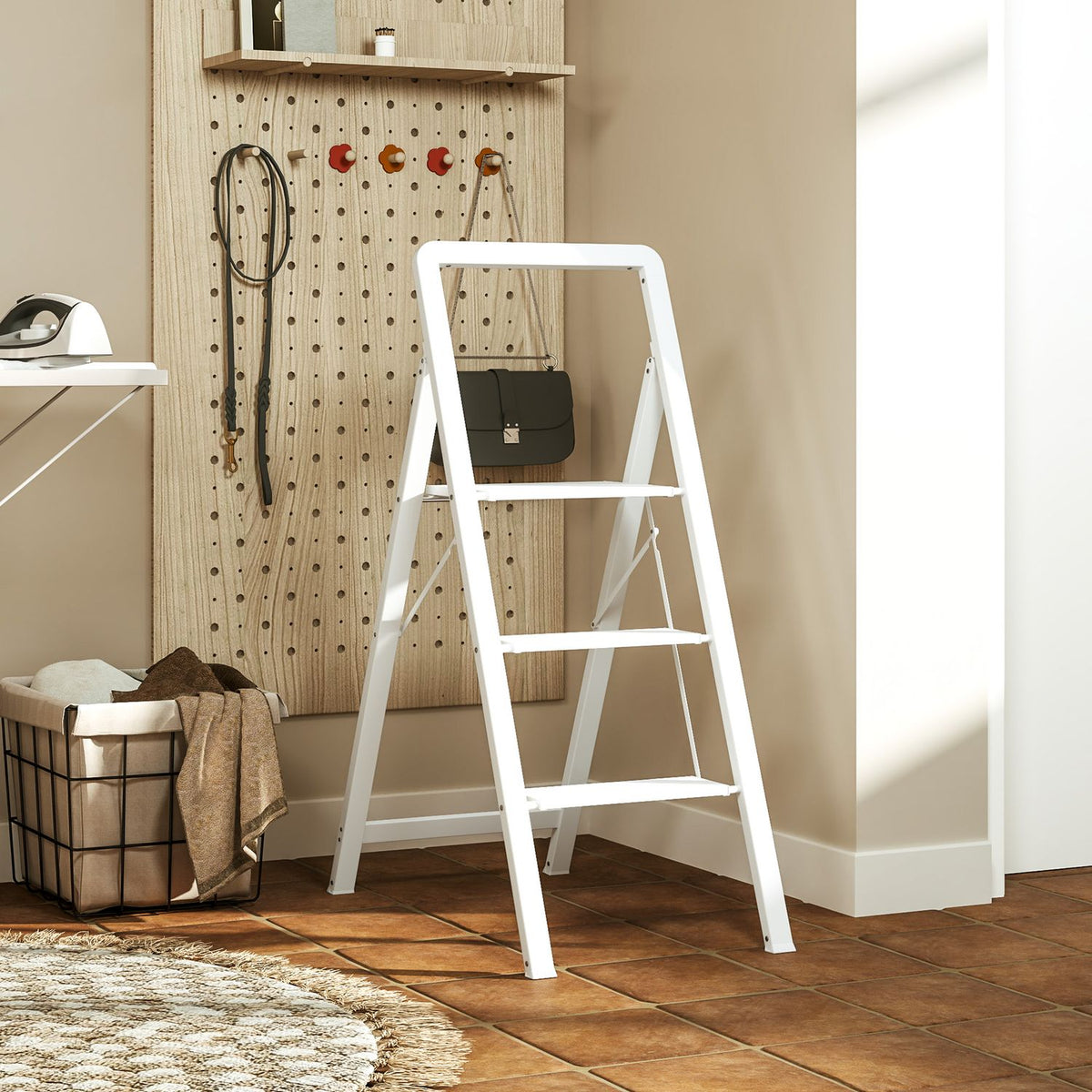 Step ladder with 3 steps, anti-slip folding step with handle, loads up to 150 kg, lightweight aluminum ladder, 66.3 x 41.5 x 104.6 cm, white