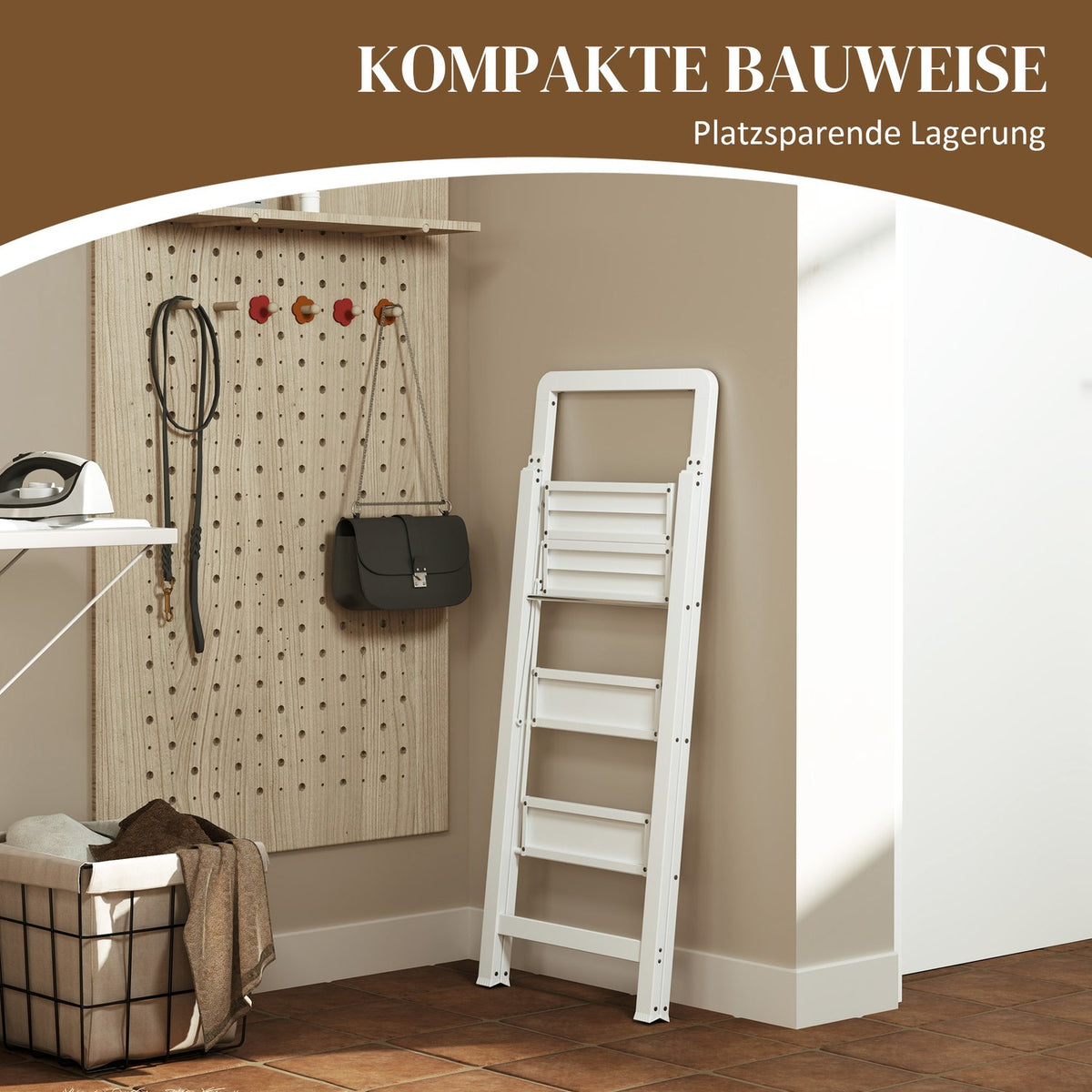 Step ladder with 3 steps, anti-slip folding step with handle, loads up to 150 kg, lightweight aluminum ladder, 66.3 x 41.5 x 104.6 cm, white