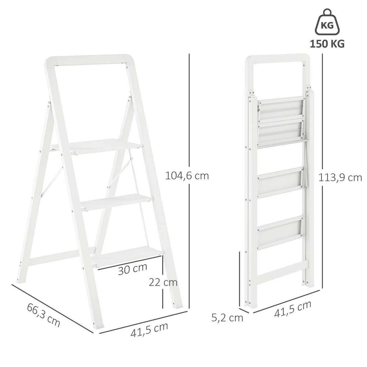 Step ladder with 3 steps, anti-slip folding step with handle, loads up to 150 kg, lightweight aluminum ladder, 66.3 x 41.5 x 104.6 cm, white
