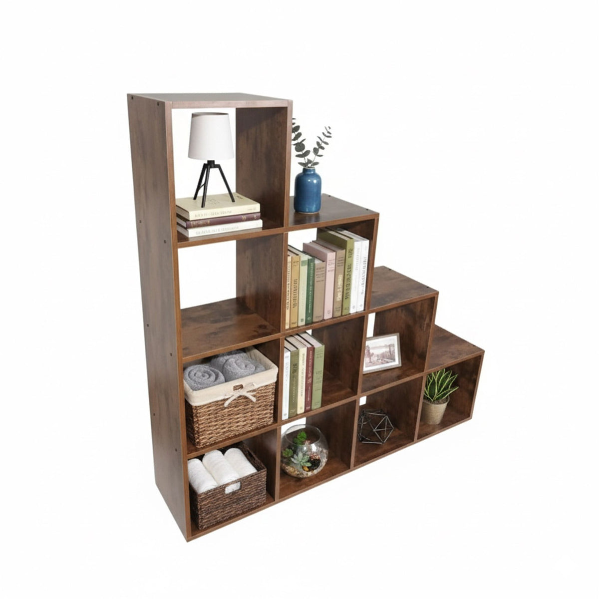 Stepped Bookcase, 10 Compartments, MDF Wood Finish