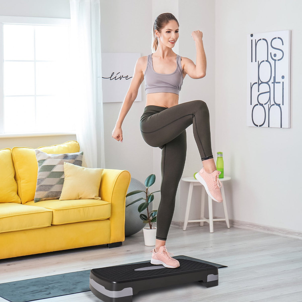 Stepping Board Aerobic Fitness 2-Level Height Adjustable (10/15 Cm), Exercise Bike Stepper, Black+Grey, 68X29X15Cm