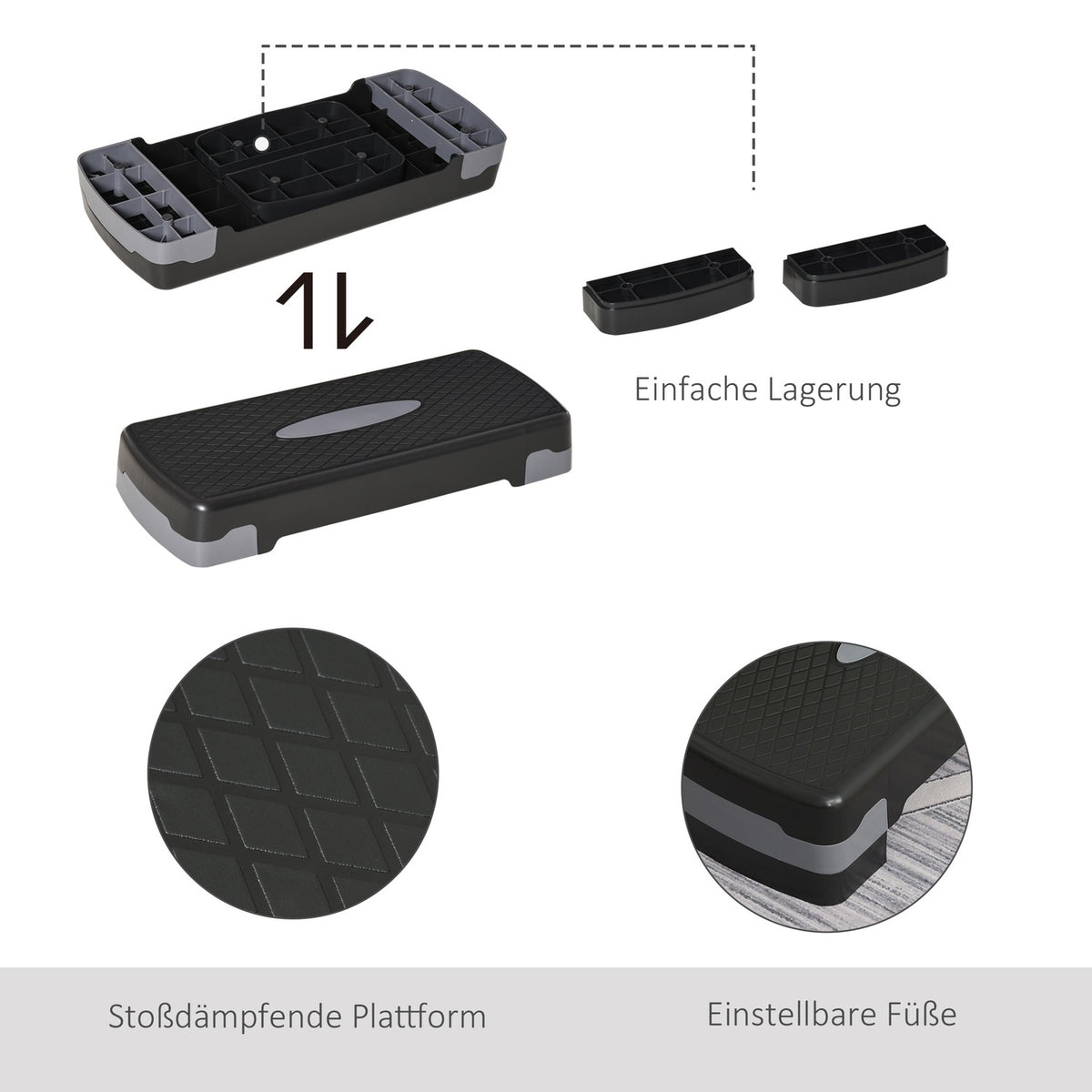 Stepping Board Aerobic Fitness 2-Level Height Adjustable (10/15 Cm), Exercise Bike Stepper, Black+Grey, 68X29X15Cm